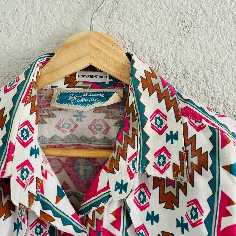 Vintage Geometric Button Down Shirt - Pink, Brown, Blue - Picture 6 of 13
